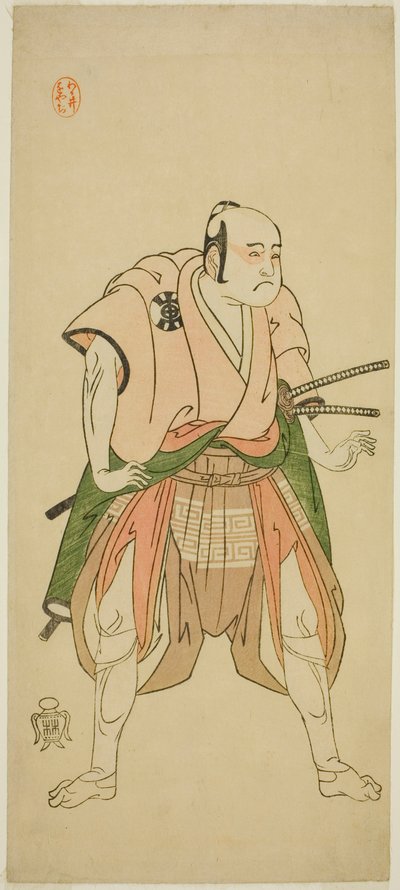 1768年二月、市村座(?)で上演された「秋遠蘇我御返(?)」八幡三郎(?)役の俳優・坂東三八一世(?) 作： Katsukawa Shunsho
