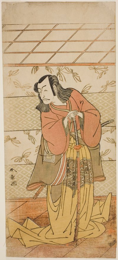 芝居桔梗染女裏方で芦屋道満役の俳優市川團十郎 5 世、1776 年 7 月、森田座で上演 作： Katsukawa Shunsho