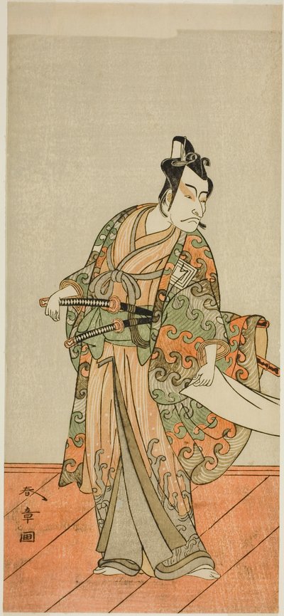 1772 年 11 月 (?) に森田座 (?) で上演された芝居「伊豆暦芝居のがんじつ」 (?) で工藤金石 (?) 役を演じた俳優の五代目市川團十郎 作： Katsukawa Shunsho