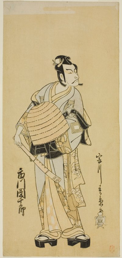 俳優市川團十郎 5 世蘇我五郎 酒井町蘇我年台記で虚無僧に変装 1771 年 1 月中村座で上演 作： Katsukawa Shunsho