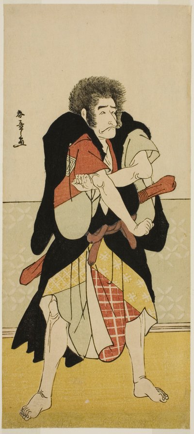 俳優の市川團十郎 5 世は、1778 年 11 月に森田座で上演された芝居「西木津井の弓取」で大神谷の僧侶ワンテツとして演じました。 作： Katsukawa Shunsho