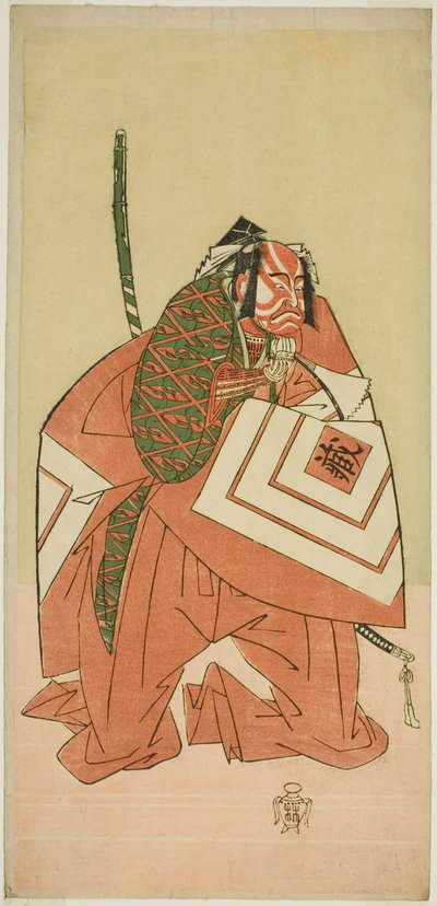 芝居「真田の与一番長の家饗宴」（?）で三代目市川團蔵が真田の与一（?）を演じ、1767年11月に森田座（？）で上演された（？） 作： Katsukawa Shunsho