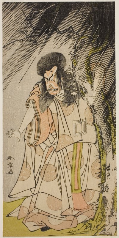 1776 年 8 月に市村座で上演された芝居「菅原伝授手習鏡」で、菅原道真の化身である雷神としての三代目市川海老蔵 作： Katsukawa Shunsho