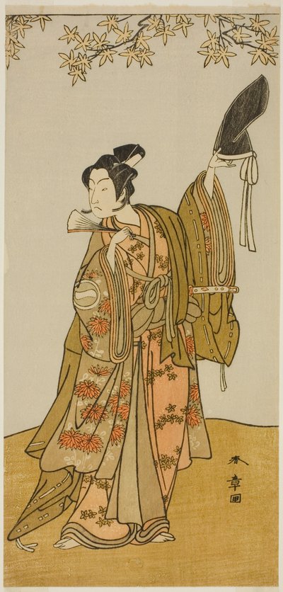 1773年11月1日から中村座で上演された芝居御ひいき勧誘帖で俳優二代目市川門之助下河辺庄司行平 作： Katsukawa Shunsho