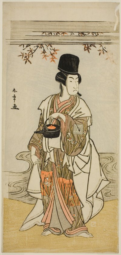 1777年11月中村座で上演された劇「将門冠の初雪」で役者の二代目市川門之助が宮廷奉公正平田貞盛を演じる 作： Katsukawa Shunsho