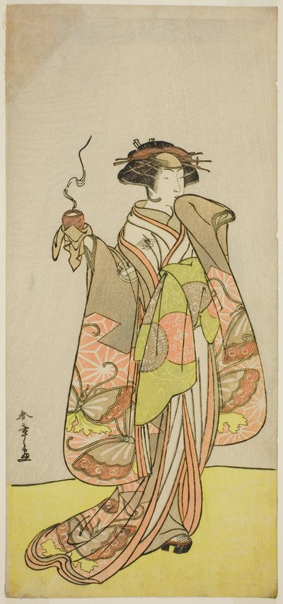 1776年正月森田座で上演された園兄弟藤姿見で花魁の華僑坂の少将を演じた二代目市川門之助 作： Katsukawa Shunsho