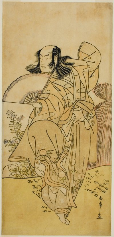 芝居「雲居の花 吉野の若武者」（?）で、塚本（?）の雄狐に変装した楠木浦之助役の三代目俳優市川八百蔵、1786年11月、中村座（?）で上演（?） 作： Katsukawa Shunsho