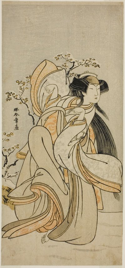 芝居『ひきつれてやごえ太平記』（1776年11月、森田座）で博多の小城郎狐役を演じた四代目岩井半四郎 作： Katsukawa Shunsho