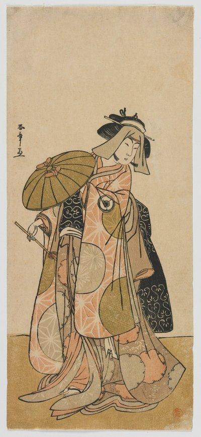 旅行者としての俳優岩井半四郎IV、江戸時代、1790年頃（カラー木版画） 作： Katsukawa Shunsho