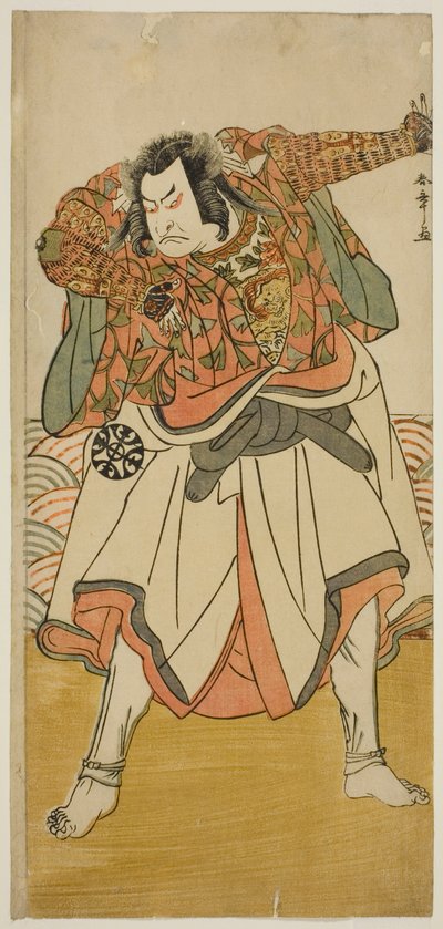 1780 年、第 11 月に中村座で上演された劇「きかえる錦の若夜」で、修行僧に変装した俳優中村中蔵初代 鎮西八郎為朝 作： Katsukawa Shunsho