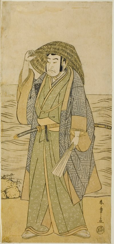 久米平内左衛門役の中村中蔵初代 1783 年 5 月に市村座で上演された芝居寿晩成蘇我で、街頭占い師の高坂陣内に変装 作： Katsukawa Shunsho