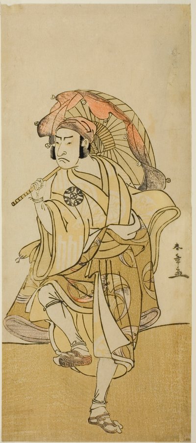 1777 年 11 月に市村劇場で上演された芝居「稚児鳥居 飛び入りきつね」で獅子舞の角兵衛に変装した俳優の中村中蔵初代 作： Katsukawa Shunsho