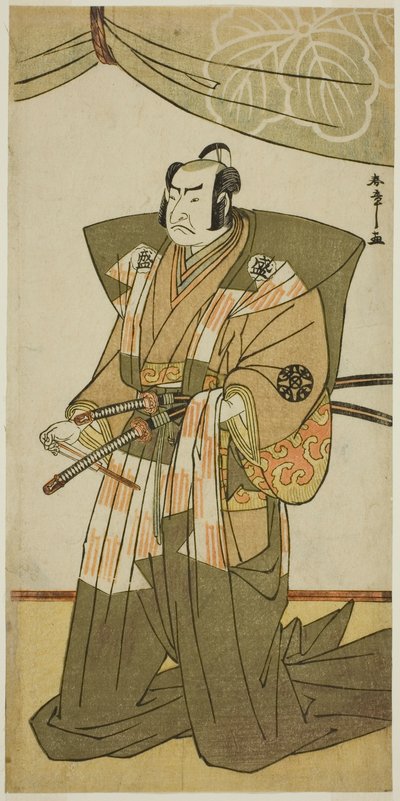 1780 年、11 月に中村座で上演された劇「きかえる錦の若夜」で斉藤実盛として演じた俳優中村中蔵初代 作： Katsukawa Shunsho