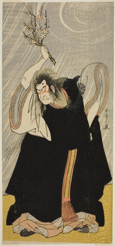 1780 年 3 月に森田座で上演された菅原傳授手習鏡で、観照城の化身である雷神としての俳優中村中蔵初代 作： Katsukawa Shunsho