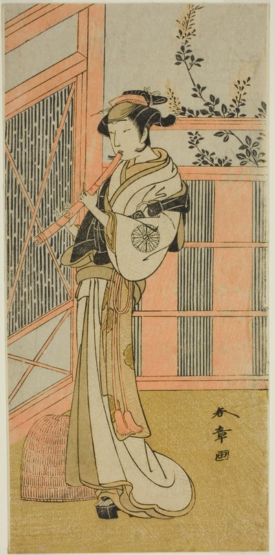 1772 年 2 月に森田座で上演された劇「小袖蔵の手鉤」で虚無僧に変装した操役者の中村能士男 (?) 作： Katsukawa Shunsho
