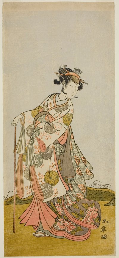 1774年5月、森田座で上演された芝居『新臼杵物語』で臼杵姫（うすゆきひめ）を演じる役者中村のしお初代 作： Katsukawa Shunsho