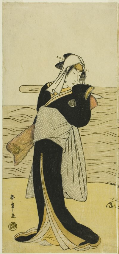1783 年 5 月に市村劇場で上演された芝居晩成蘇我で、小柴家門の娘花子を演じた初代中村理子。 作： Katsukawa Shunsho