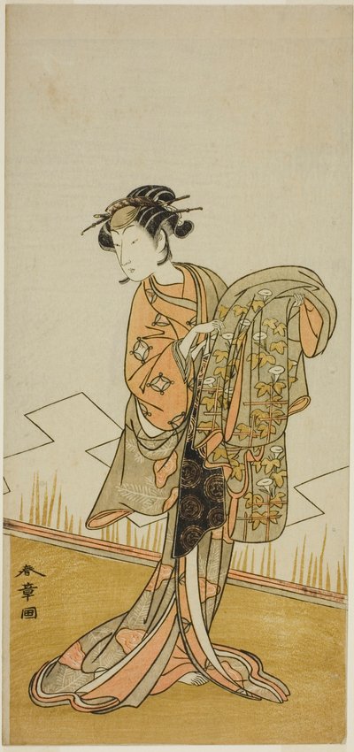 1773 年 11 月 (?)、中村座 (?) で上演された芝居「ごひいき勧進帳 (?)」で、花魁若松 (?) を演じる俳優の中村りこ (?) 作： Katsukawa Shunsho