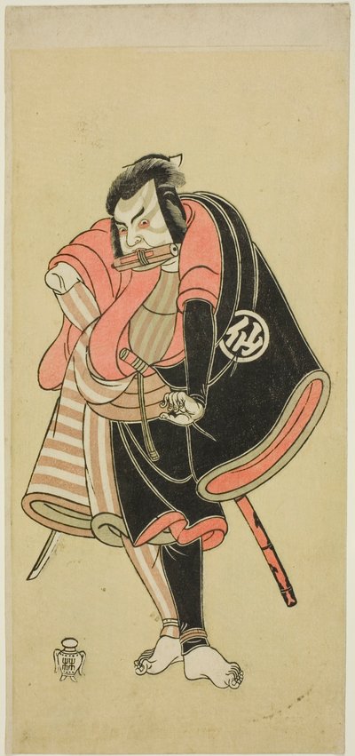 1768 年 11 月 1 日から中村座で上演された劇「今をさかり末広源氏」で忍者 (影武者) の阿蘇の松若として俳優の中村助五郎二世 作： Katsukawa Shunsho