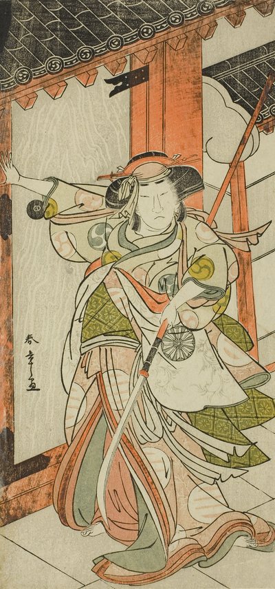 七月二十五日より中村劇場で上演される和田合戦女舞鶴の門を打ち破る版画御前役の初代中村富十郎 作： Katsukawa Shunsho