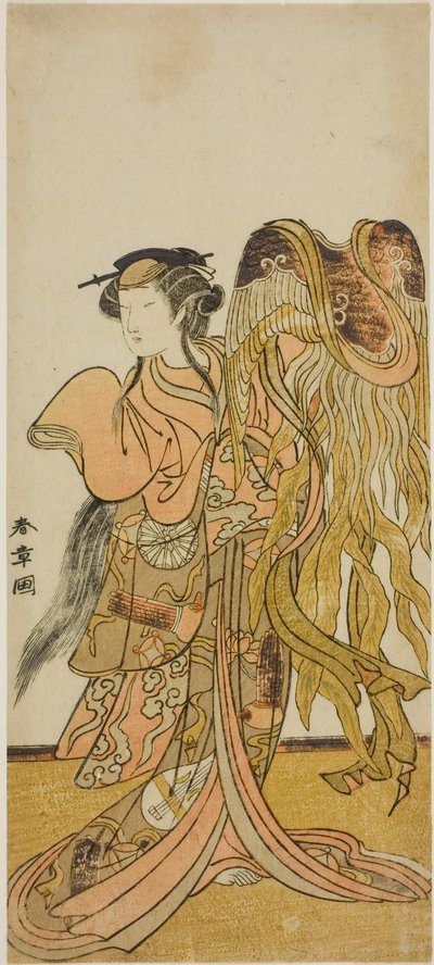 1775 年 8 月、森田座で上演された「京成月の都」で敦賀の遊女富山役を演じた初代中村富十郎 作： Katsukawa Shunsho
