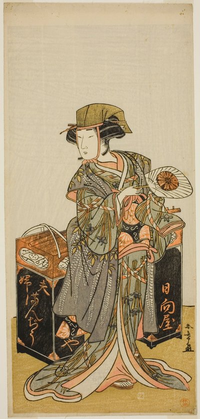 1777 年 11 月に市村座で上演された芝居「稚児鳥居とびいりきつね」で豆菓子行商の日向屋を演じた初代中村富十郎 作： Katsukawa Shunsho