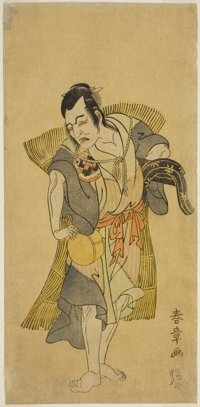 俳優の中村歌右衛門初代、工藤祐経として物乞いを装った芝居「蘇我モヨ愛護の若松」、1769 年正月、中村座で上演 作： Katsukawa Shunsho