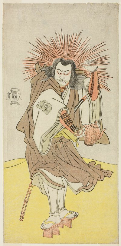 六代目中山小十郎は、『雪持竹振袖源氏』第一部第三幕、祇園社中の灯明役で、長田太郎景宗（実体は八丁筒盗の喜平次）を演じる、 作： Katsukawa Shunsho