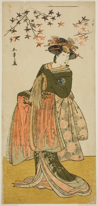 芝居歌舞伎の花万代蘇我の芸者雪乃（または大雪？）としての俳優中山富三郎初代、1781年4月に市村劇場で上演 作： Katsukawa Shunsho