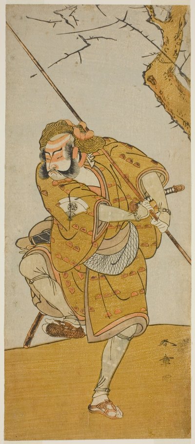 江戸の春名所蘇我で小林の朝比奈に扮した俳優の初代尾上松介 1773 年 3 月に市村座で上演 作： Katsukawa Shunsho