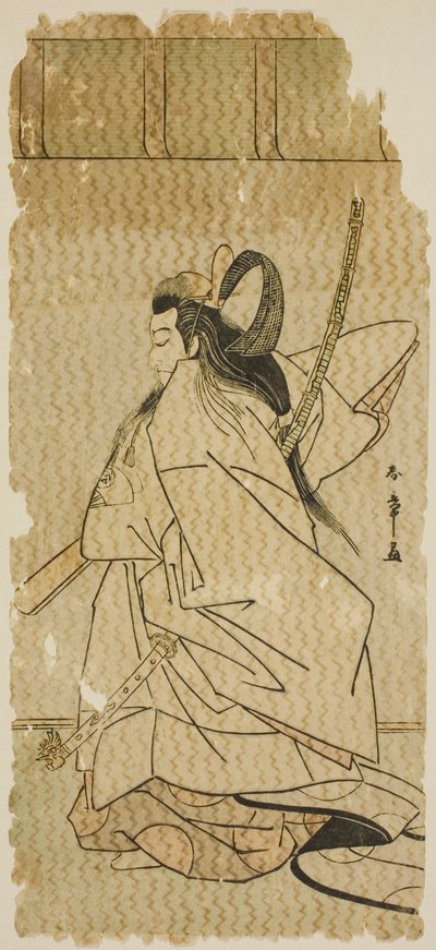 1779 年 11 月、中村劇場で上演された舞台「帰花英雄太平記」で、俳優の初代尾上松介が高教皇子を演じた。 作： Katsukawa Shunsho