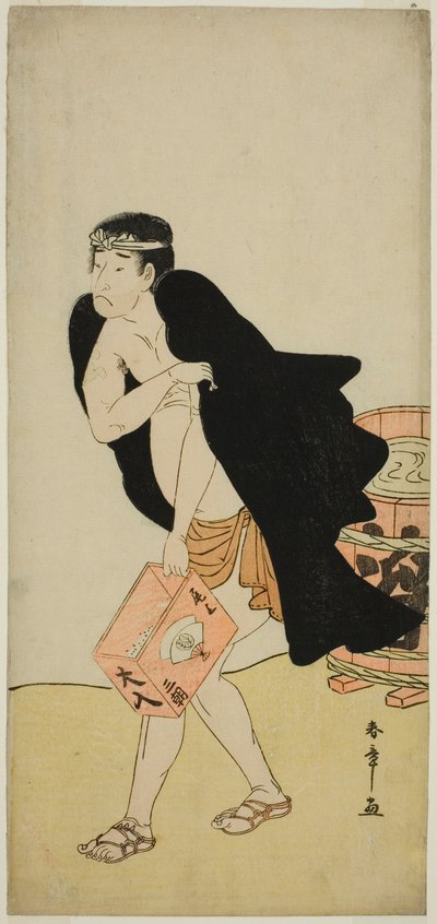 1780 年 11 月に中村座で上演された芝居「きたかえる錦の若夜」で駕籠担ぎ五兵衛役の初代尾上松助 作： Katsukawa Shunsho