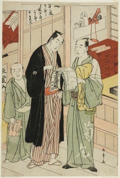 劇場の箪笥室での俳優尾上松介初代 作： Katsukawa Shunsho