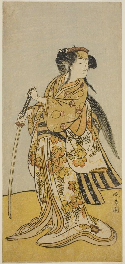 舞台「出世太平記」（?）の呉羽（?）役の初代尾上民蔵、1775年八月中村座（?）で上演（?） 作： Katsukawa Shunsho