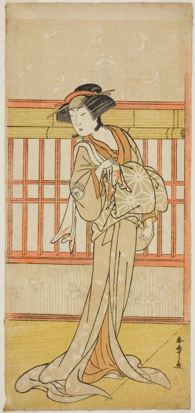 1780 年 4 月に森田座で上演された「碁太平記白石噺 (?)」で遊女宮城野 (?) を演じた二代目大佐川常世 (?) 作： Katsukawa Shunsho