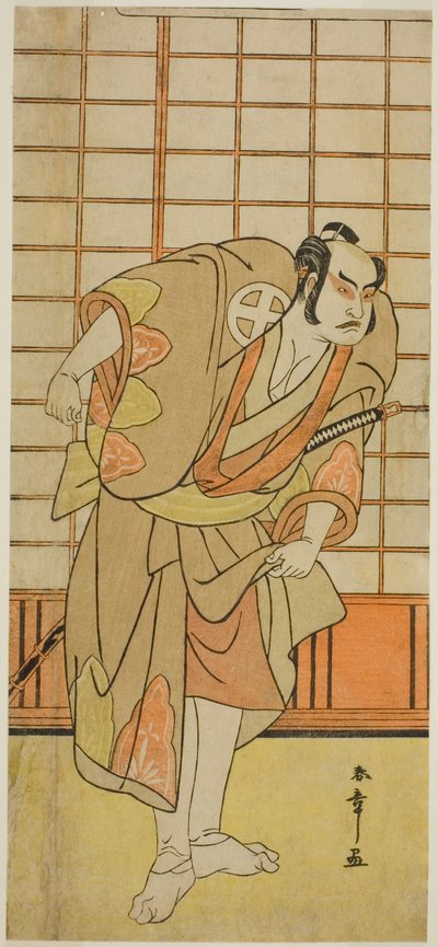 天明4年(1784)11月、桐芝居小屋で上演された『十二単絵小町桜』の式島若兵衛に扮した秦の大膳竹虎役の三代目大谷広次について 作： Katsukawa Shunsho