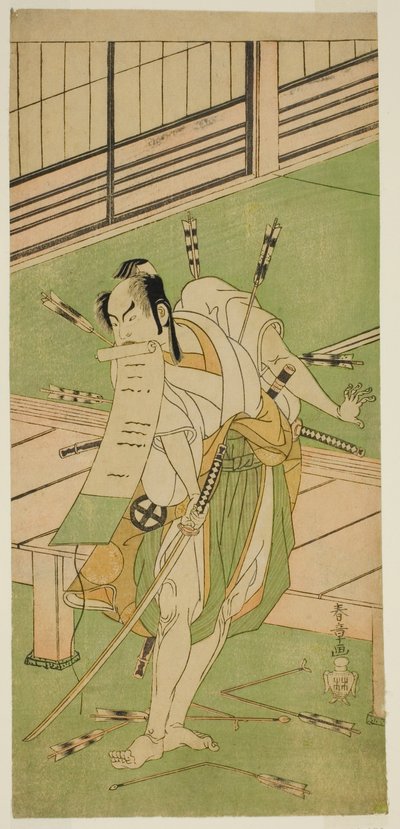 1770 年 7 月に市村劇場で上演された「新定相馬の紋火」で浮島大八に変装した白狐としての三代目大谷浩二 作： Katsukawa Shunsho
