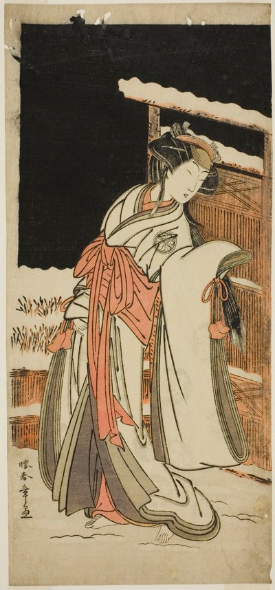 1777 年 11 月に市村劇場で上演された芝居「稚児鳥居 飛び入りきつね」で玉梓に変装した俳優の瀬川菊之丞三代目静御前 作： Katsukawa Shunsho