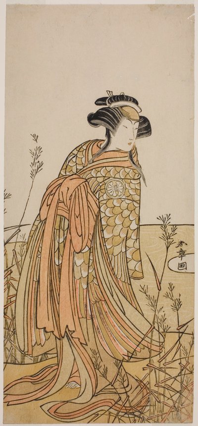 1775 年 11 月に中村座で上演された芝居「花相撲源氏火急」で、多賀袖に扮した鴛鴦（おしどり）の精としての三代目俳優瀬川菊之丞 作： Katsukawa Shunsho