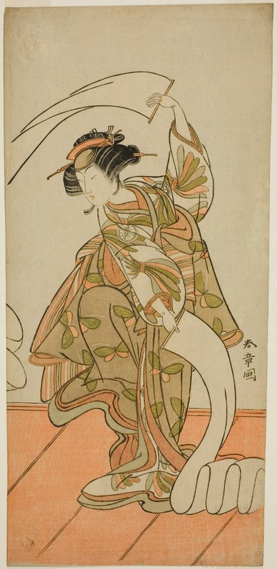 1775年11月、中村座で上演された劇「花相雲源氏火急」で、「布更し」舞踊の遊女黄瀬川役の三代目瀬川菊之丞 作： Katsukawa Shunsho