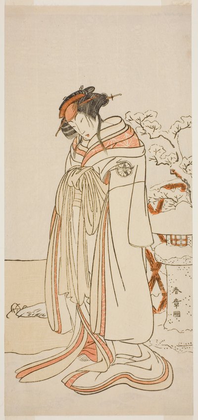 1775年11月に中村座(?)で上演された花相雲源氏火急(?)で花魁きせわた(田賀袖)を演じた三代目俳優瀬川菊之丞(?) 作： Katsukawa Shunsho