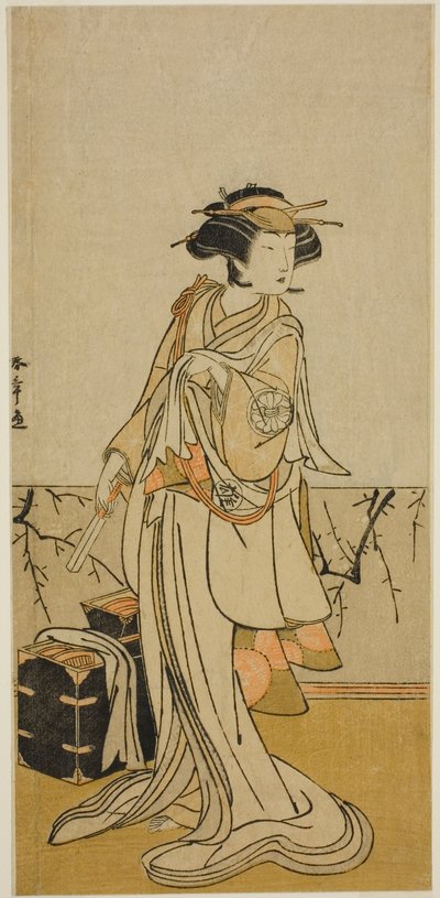 役者 瀬川裕次郎初代、女髪結いのおさい役、1776年正月、市村座で上演された『カムリことば蘇我のゆかり』 作： Katsukawa Shunsho