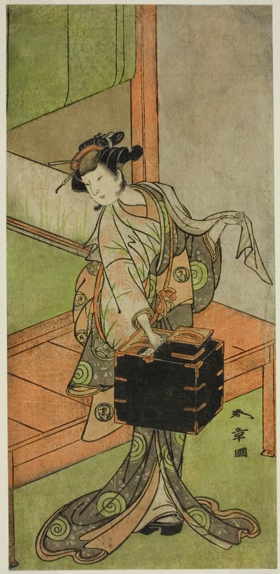 1772 年第 2 月に森田座で上演された劇「小袖蔵の手鉤」で美容師に変装した宮城野役の二代目俳優山下金作 (?) 作： Katsukawa Shunsho