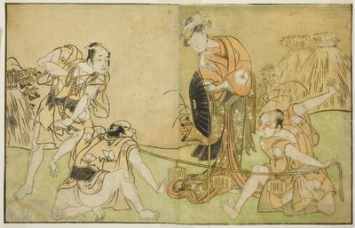 The Actors Bando Zenji I as Nagahashi Saburo, Iwai Hanshiro IV as Otatsu-gitsune, Nakamura Konozo as Hagai Ujitsune, and an Unidentified Actor (right to left), in the Play Nue no Mori Ichiyo no Mato, Performed at the Nakamura Theater in the Eleventh Month, 作： Katsukawa Shunsho