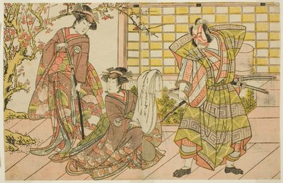 The Actors Ichikawa Danjuro V as Miura Kunitae (right), Segawa Kikunojo III as Yasukata (center), and Iwai Hanshiro IV as Utou (left), in the Play Godai Genji Mitsugi no Furisode, Performed at the Nakamura Theater in the Eleventh Month, 1782 作： Katsukawa Shunsho
