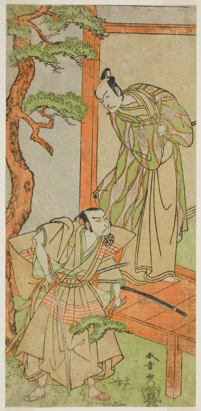 役者 五代目市川團十郎役の桃井若狭之助（右）と初代中村中蔵役の加古川本蔵（1771年五月中村座での『仮名手本忠臣蔵』） 作： Katsukawa Shunsho