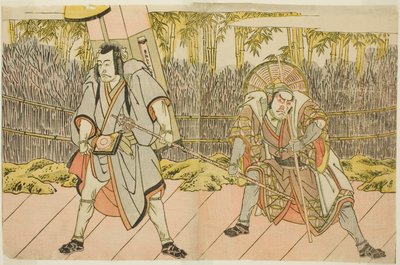 芝居五代源氏御次の振袖で四代目市川團蔵が駕籠太郎兵衛に扮した荒川太郎武貞役（右）、五代目市川團十郎が安倍貞人に扮した阿部定人巡礼者栗屋川次郎太夫役（左） 作： Katsukawa Shunsho