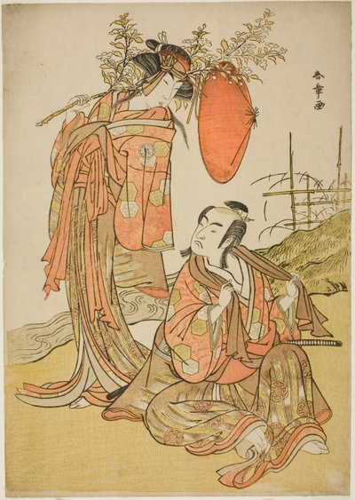 二代目市川門之助と三代目瀬川菊之丞が恋人の清十郎（右）とオナツ（左）役を演じる、駆け落ちの場面「道行飛翼の菊蝶」 プラの第2部 作： Katsukawa Shunsho