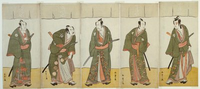 五人男』の狩金文七役・二代目市川門之助、安の平兵衛役・初代坂東三津五郎、極印仙右衛門役・五代目市川団十郎、雷松九郎役・二代目中村助五郎、布袋一右衛門役・二代目坂田半五郎（右から左へ 作： Katsukawa Shunsho