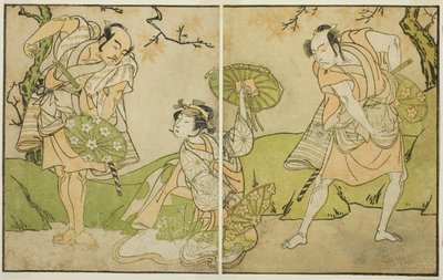 市川染五郎（右）、二世瀬川菊之丞（中央）、坂東三八（左）、役名未定『妙戸菊伊豆のきせわた』（1770年11月、市村座にて上演） 作： Katsukawa Shunsho